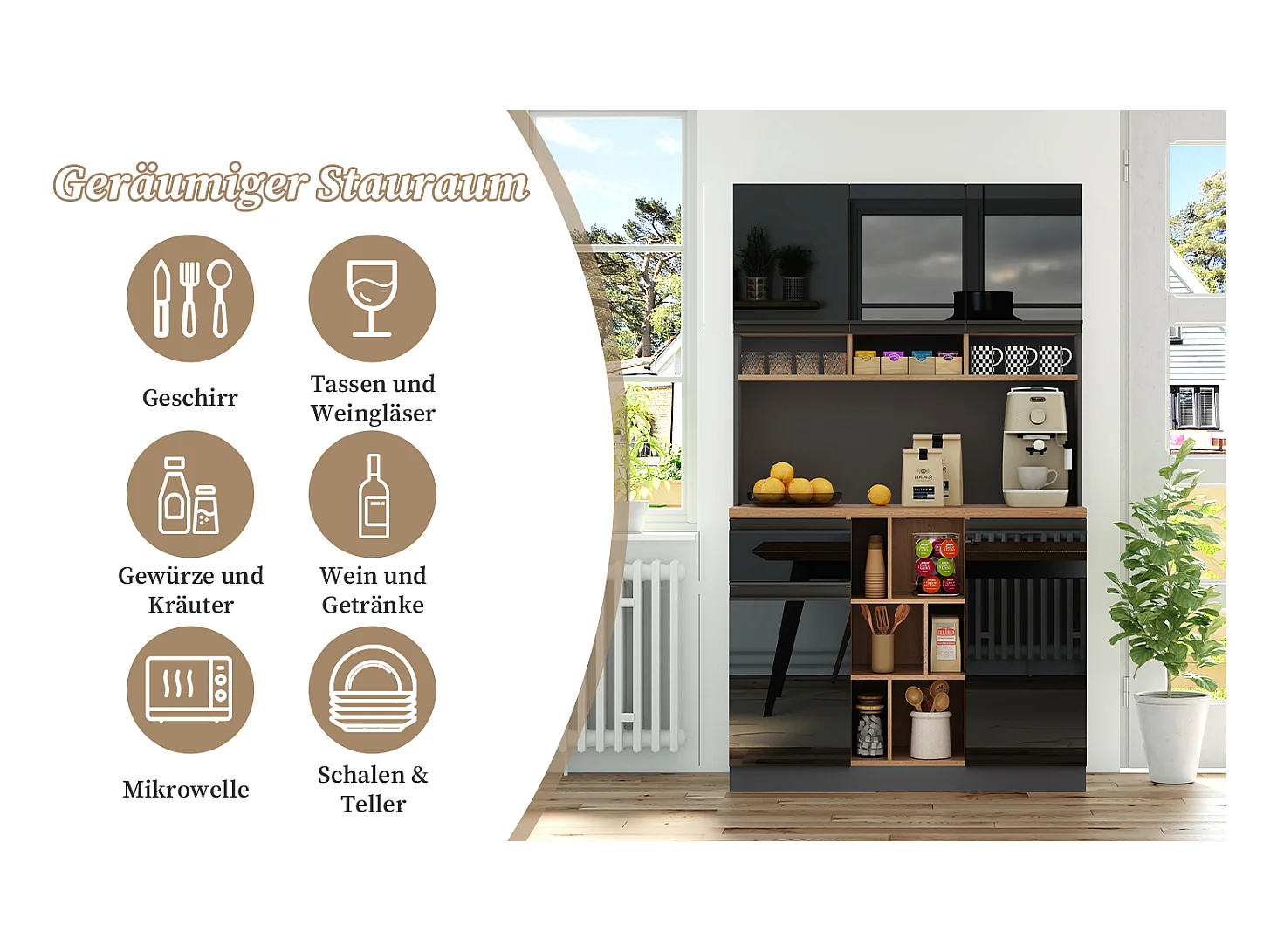 Buffet haut - 105 x 45 x 185 cm - avec étagères réglables + 1 tiroir + 3 portes - MDF - noir