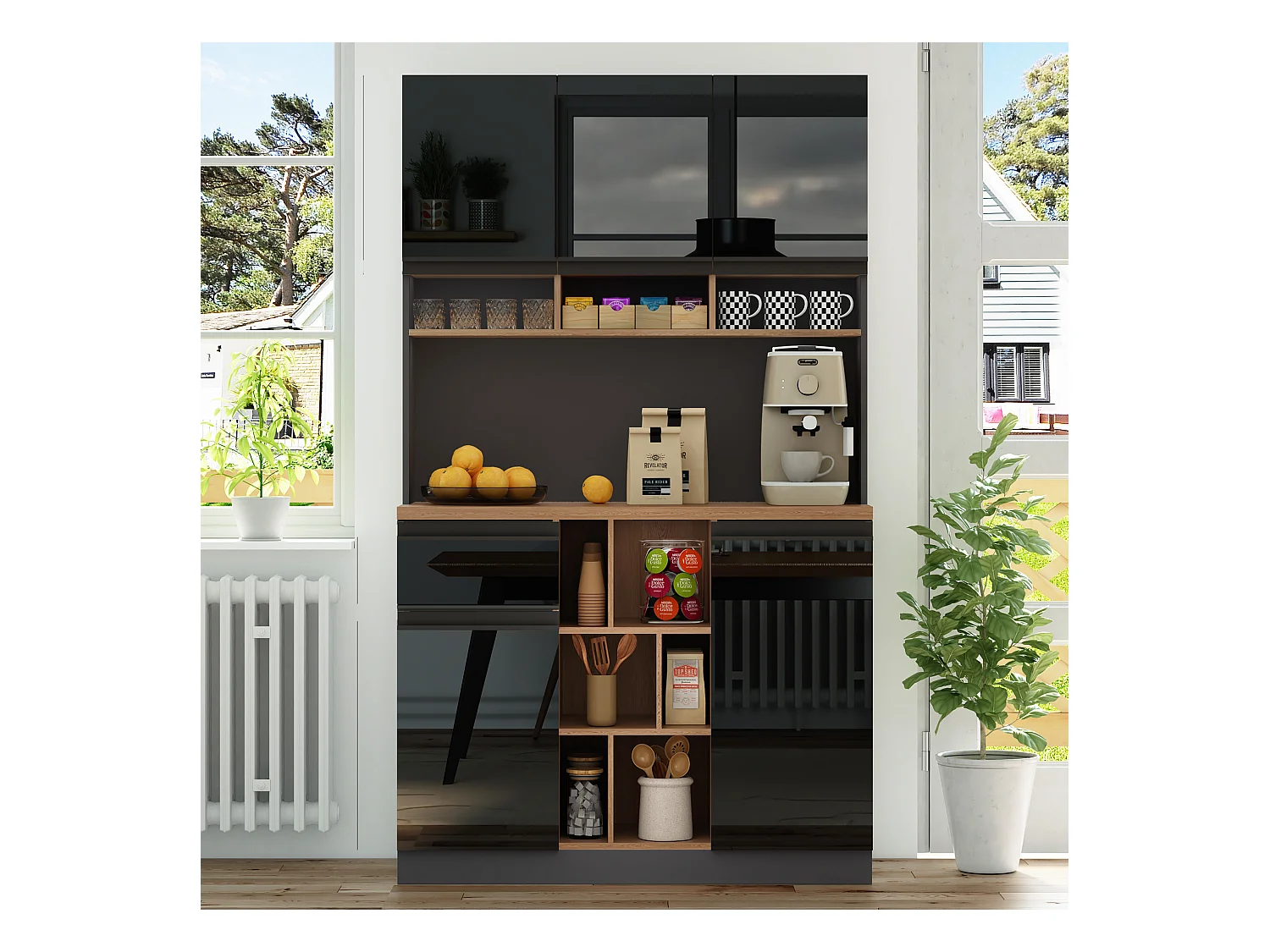 Buffet haut - 105 x 45 x 185 cm - avec étagères réglables + 1 tiroir + 3 portes - MDF - noir