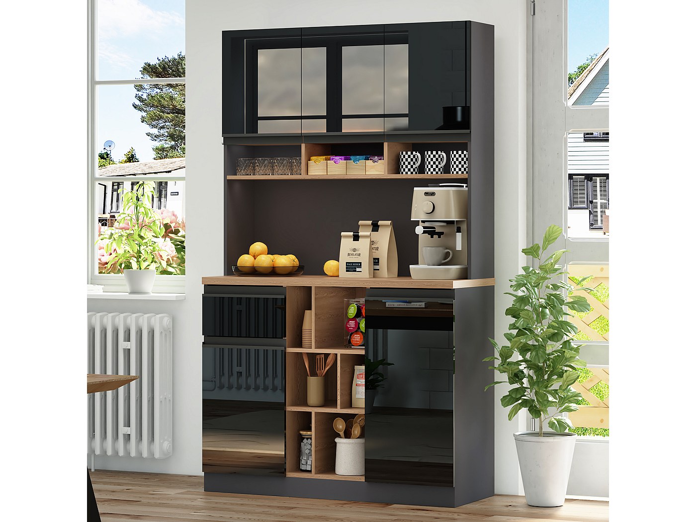Keukenkast, hoge kast, vitrinekast, buffetkast met verstelbare planken, eetkamerkast met 2 laden, dressoir met ledverlichting, variabele lichtkleuren (zwart, 120 x 40 x 180 cm