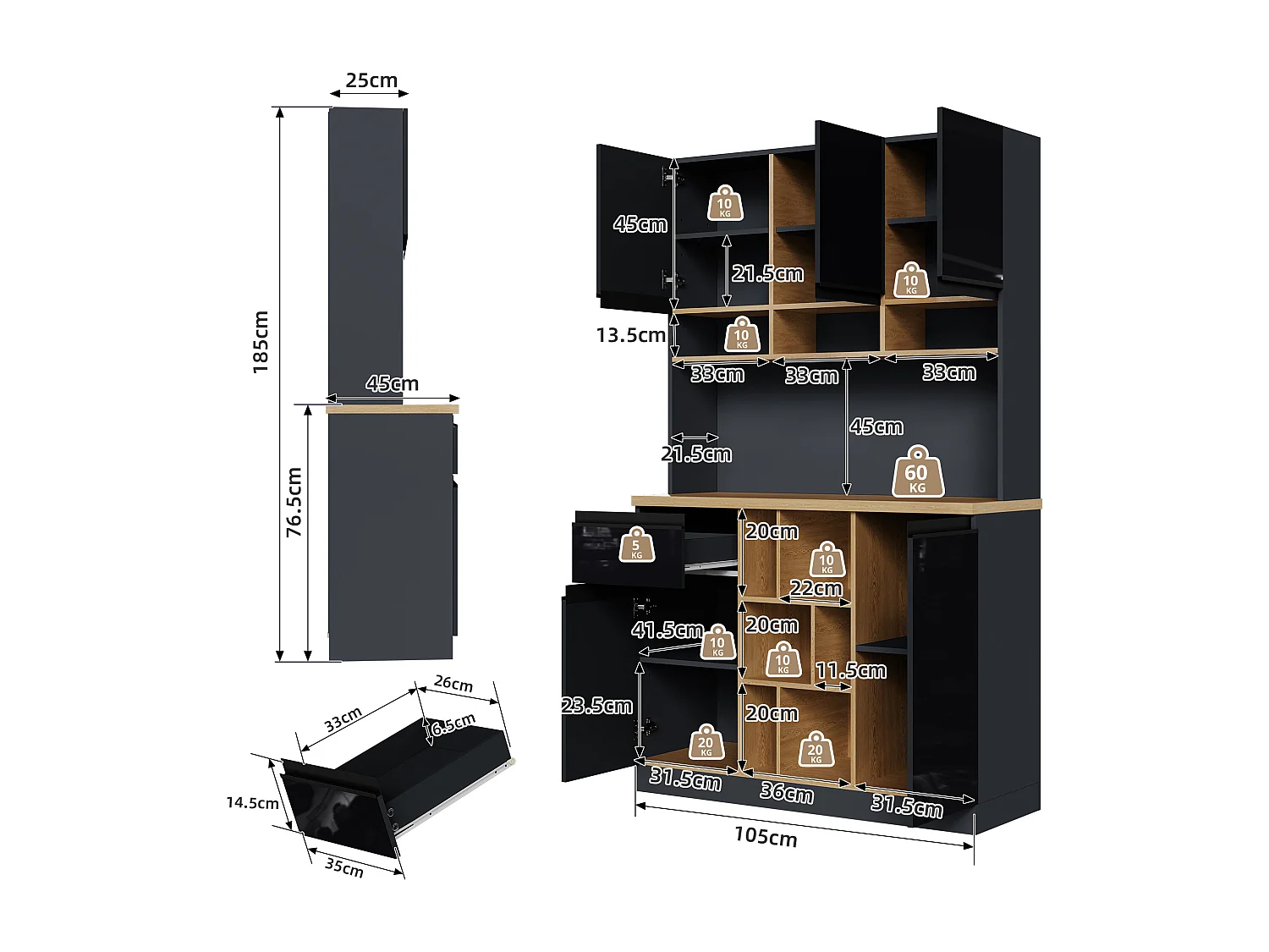 Buffet haut - 105 x 45 x 185 cm - avec étagères réglables + 1 tiroir + 3 portes - MDF - noir