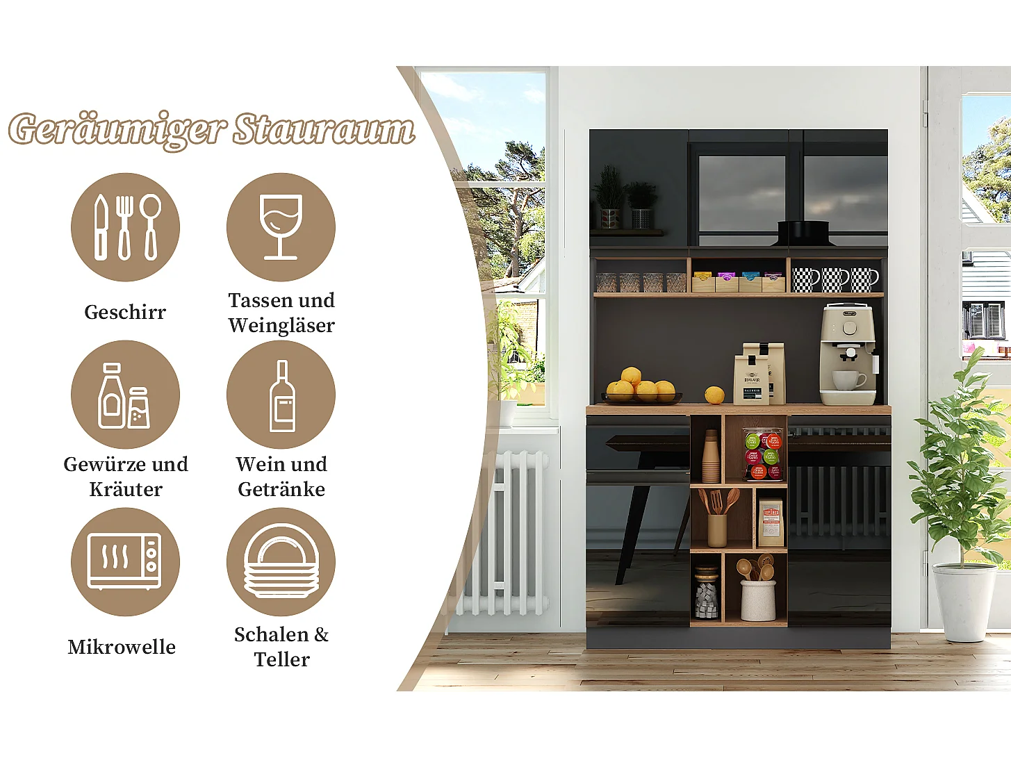 Buffet haut - 105 x 45 x 185 cm - avec étagères réglables + 1 tiroir + 3 portes - MDF - noir