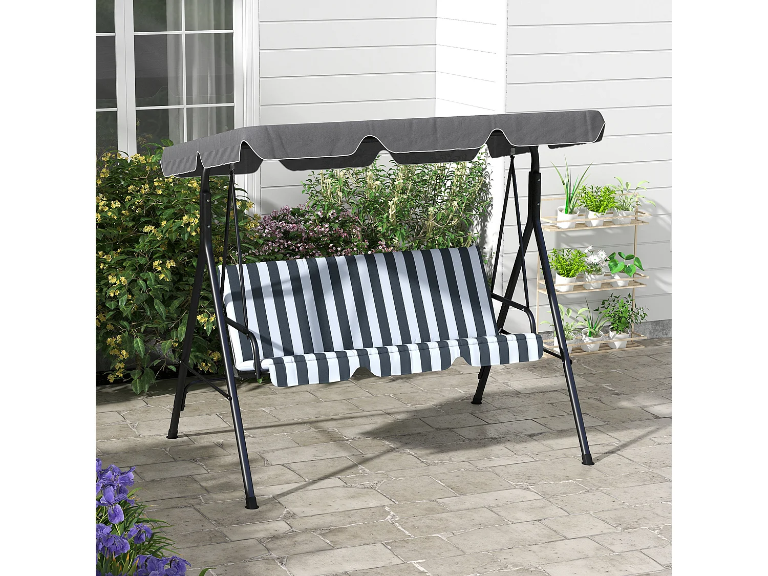 Altalena a 3 posti con cuscini, tetto basculante, acciaio, grigio e bianco (172x110x153cm)