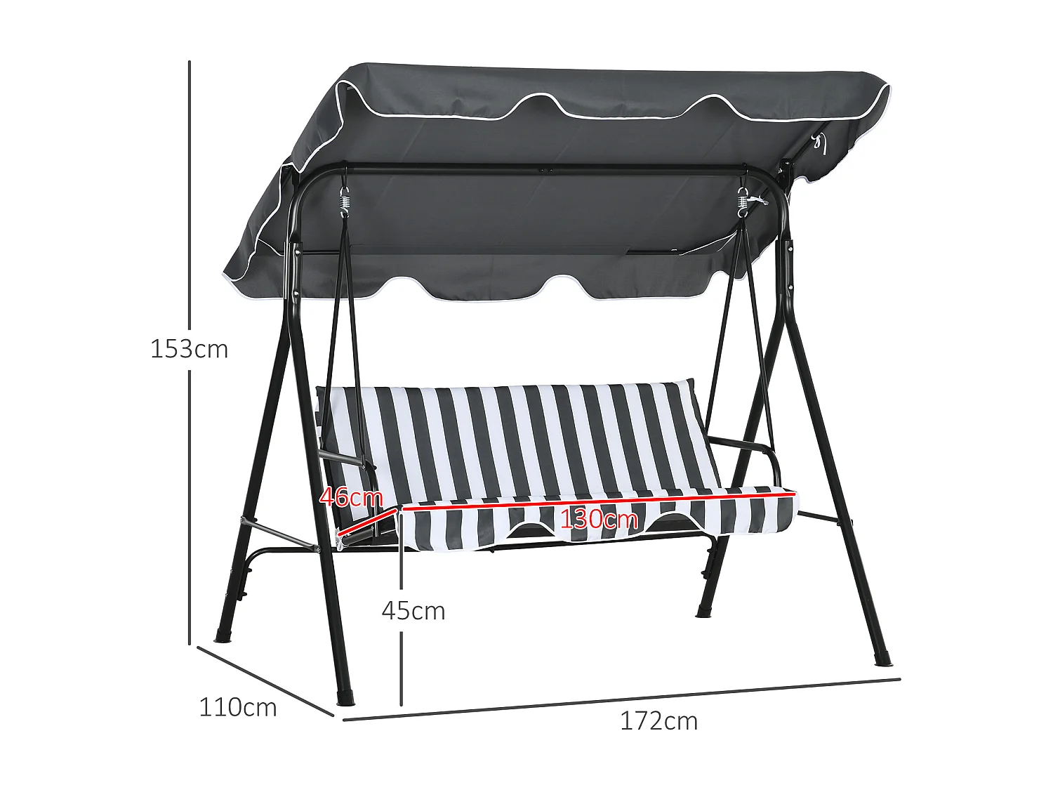 Altalena a 3 posti con cuscini, tetto basculante, acciaio, grigio e bianco (172x110x153cm)