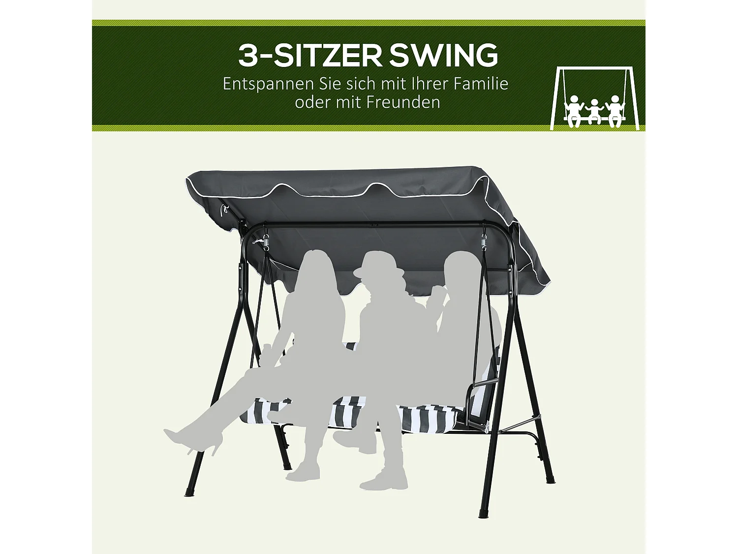Altalena a 3 posti con cuscini, tetto basculante, acciaio, grigio e bianco (172x110x153cm)