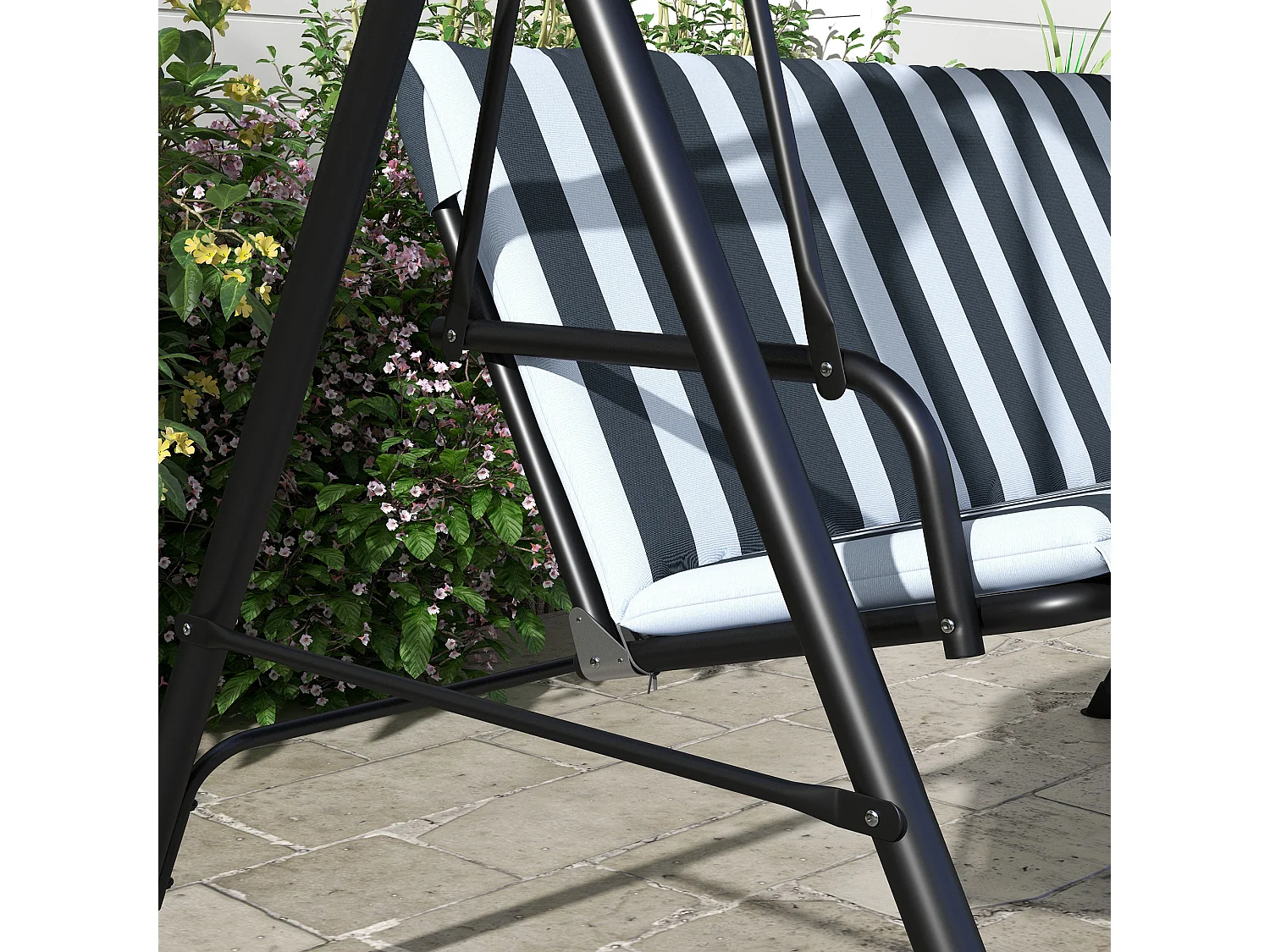 Altalena a 3 posti con cuscini, tetto basculante, acciaio, grigio e bianco (172x110x153cm)