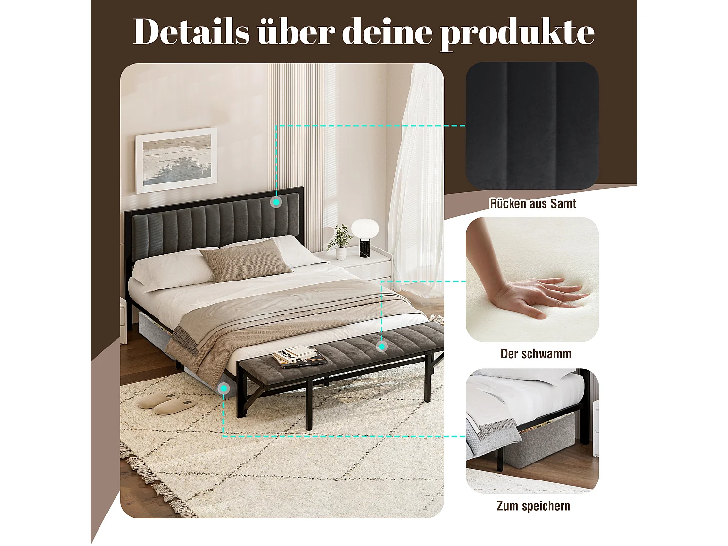 Lit avec banquette pliable - 140 x 200 cm - cadre de lit en fer avec rangement - velours - gris