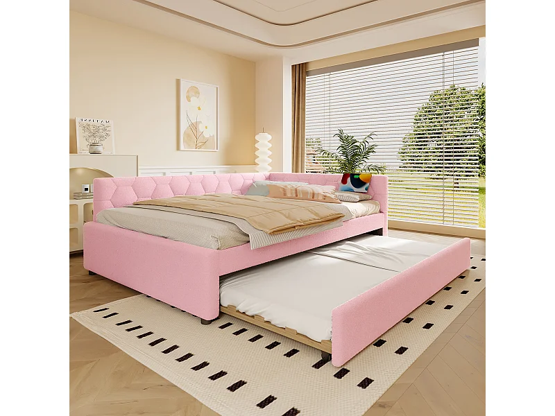 Divano letto 140x200 cm, divano letto con struttura in velluto, con lampada da comodino, letto pieghevole multifunzione, porte USB e Type-C, rosa (208x145x66,5 cm)