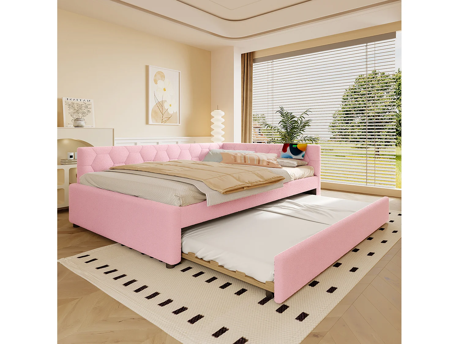 Daybed 140x200 cm, canapé-lit avec structure en velours, avec lampe de chevet, lit escamotable multifonction, ports USB et Type-C, rose (208x145x66.5 cm)