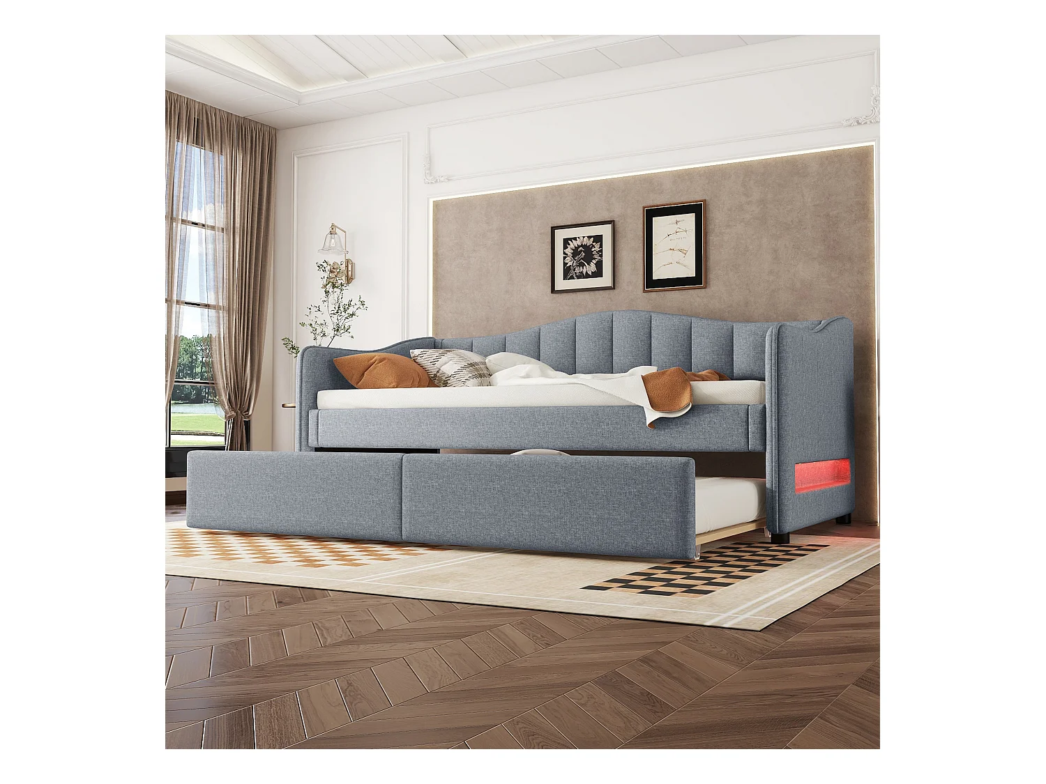 Lit de jour, 90x200cm, Lit avec lit escamotable, canapé-lit, lit simple (sans matelas), Design lumineux, Lin, style minimaliste, Gris (212x99x85 cm)