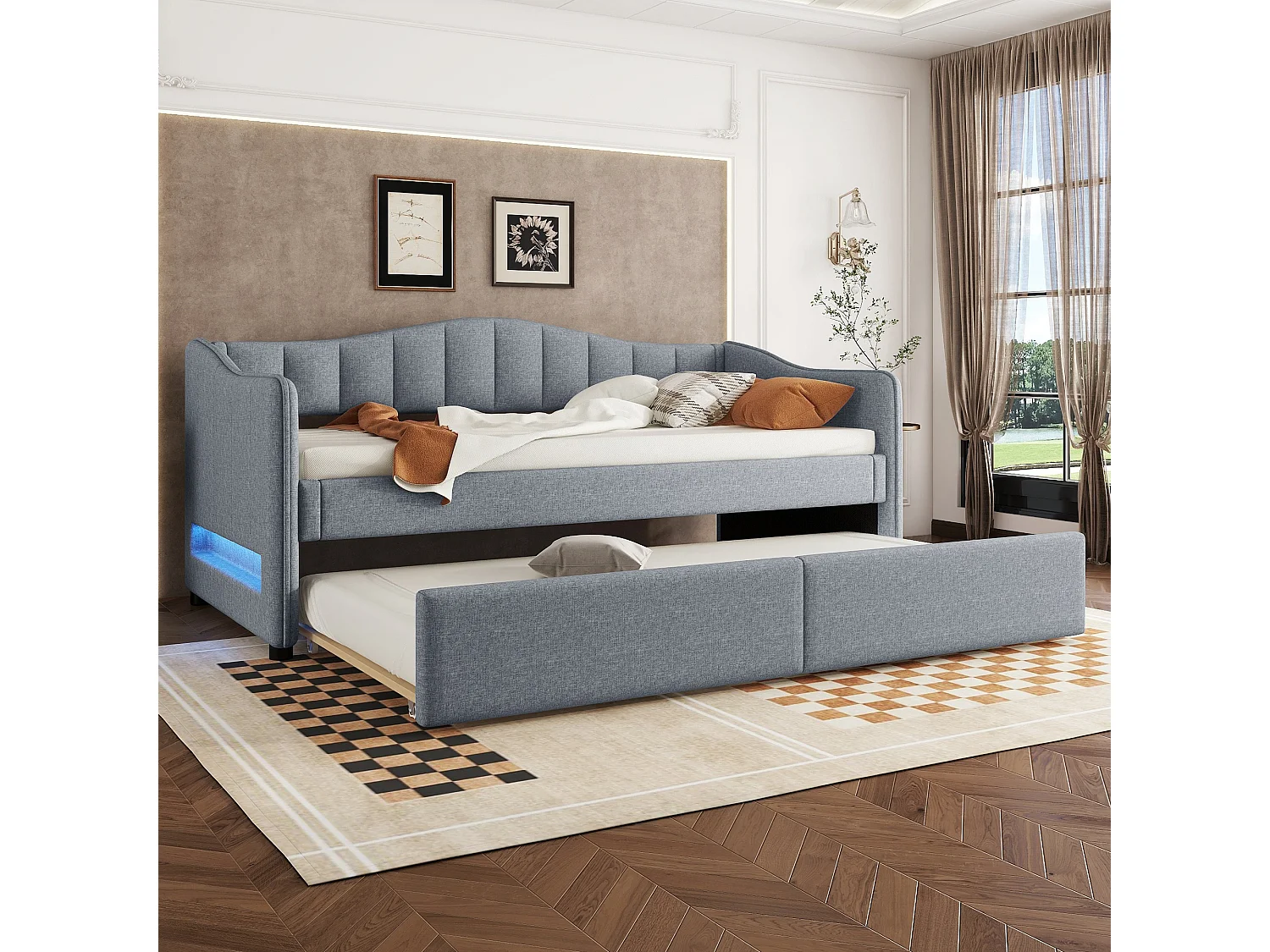 Lit de jour, 90x200cm, Lit avec lit escamotable, canapé-lit, lit simple (sans matelas), Design lumineux, Lin, style minimaliste, Gris (212x99x85 cm)