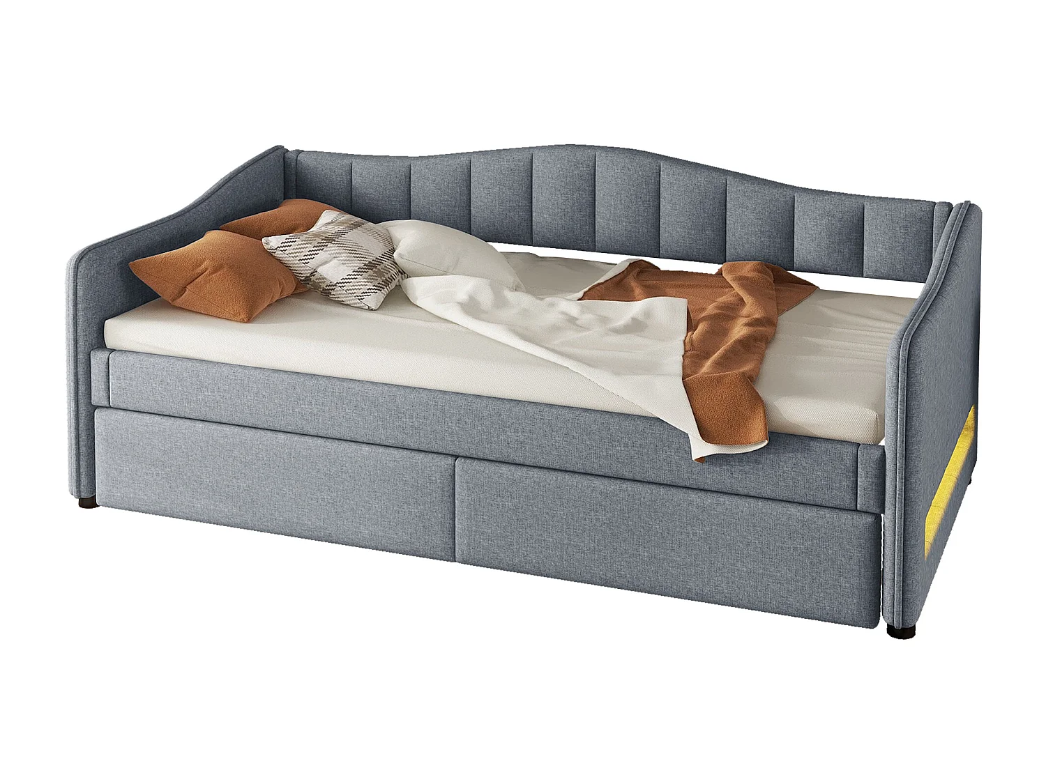 Lit de jour, 90x200cm, Lit avec lit escamotable, canapé-lit, lit simple (sans matelas), Design lumineux, Lin, style minimaliste, Gris (212x99x85 cm)