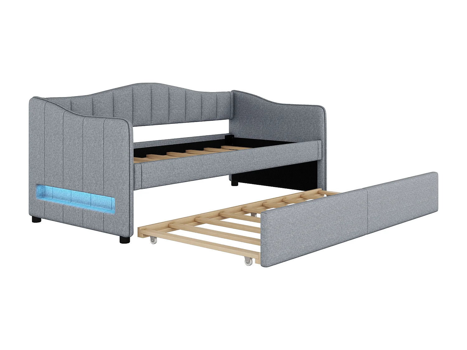 Lit de jour, 90x200cm, Lit avec lit escamotable, canapé-lit, lit simple (sans matelas), Design lumineux, Lin, style minimaliste, Gris (212x99x85 cm)