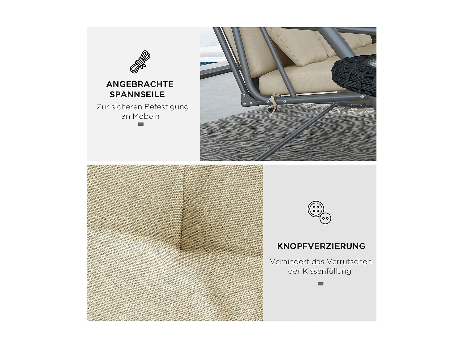 Coussin pour balançoire Hollywood, avec coussins de siège, de dossier et latéraux, en mousse, beige (170x100x8 cm)