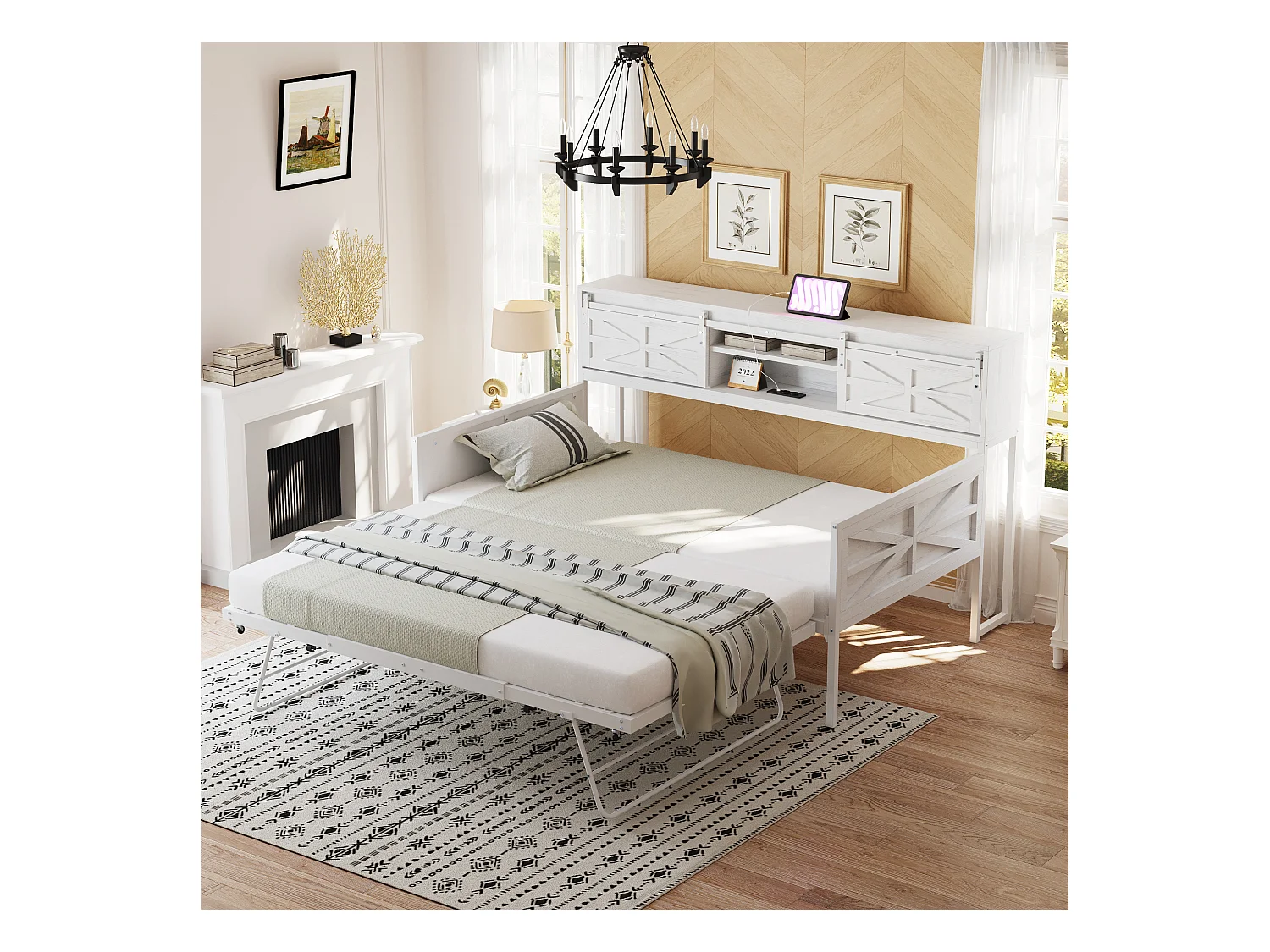 Divano letto in metallo 90x200 cm con LED, ripiani, cassetti e prese multiple, letto per ragazzi, bianco (206x104x99,5 cm)