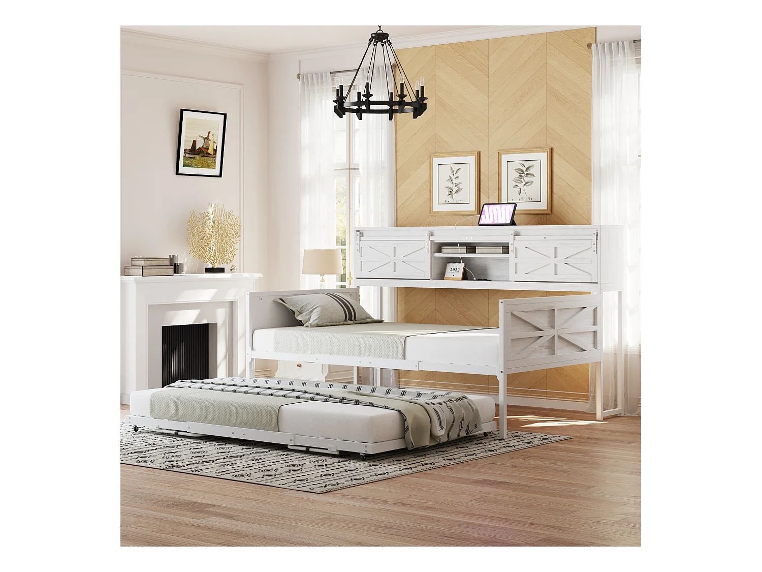 Divano letto in metallo 90x200 cm con LED, ripiani, cassetti e prese multiple, letto per ragazzi, bianco (206x104x99,5 cm)