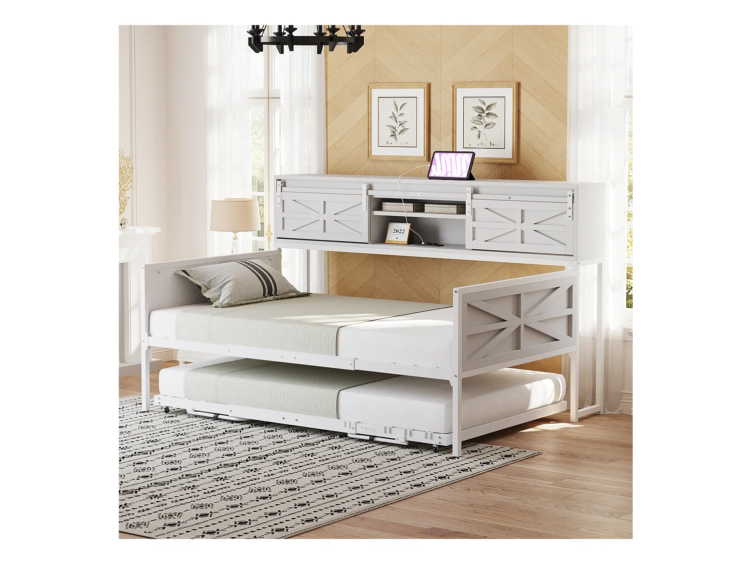 Divano letto in metallo 90x200 cm con LED, ripiani, cassetti e prese multiple, letto per ragazzi, bianco (206x104x99,5 cm)