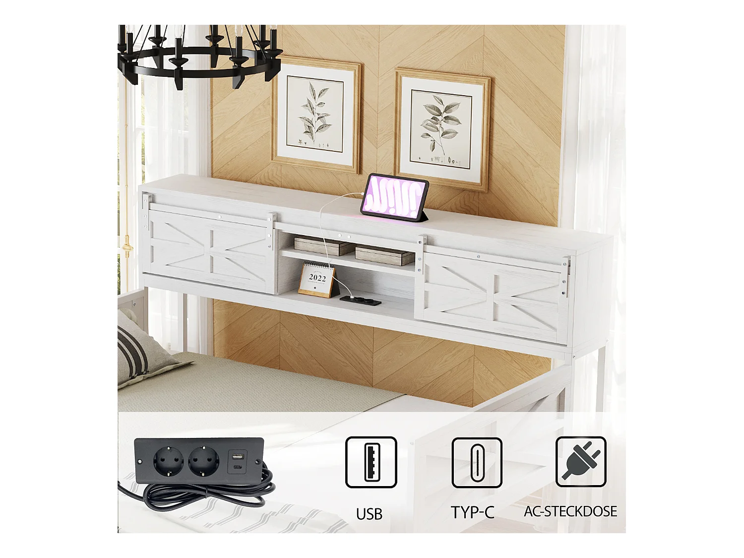 Divano letto in metallo 90x200 cm con LED, ripiani, cassetti e prese multiple, letto per ragazzi, bianco (206x104x99,5 cm)