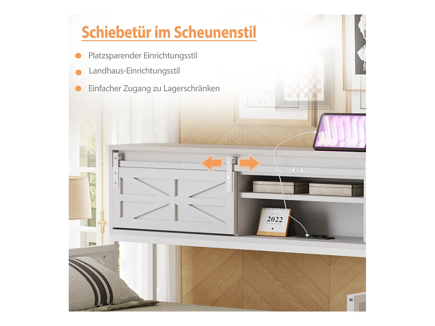 Divano letto in metallo 90x200 cm con LED, ripiani, cassetti e prese multiple, letto per ragazzi, bianco (206x104x99,5 cm)