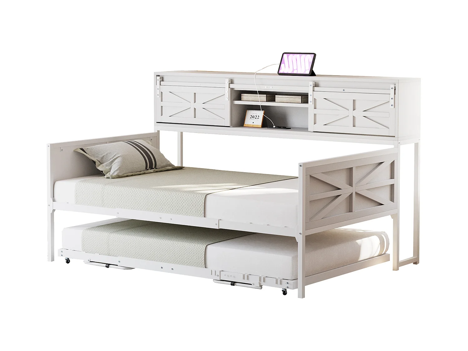 Divano letto in metallo 90x200 cm con LED, ripiani, cassetti e prese multiple, letto per ragazzi, bianco (206x104x99,5 cm)