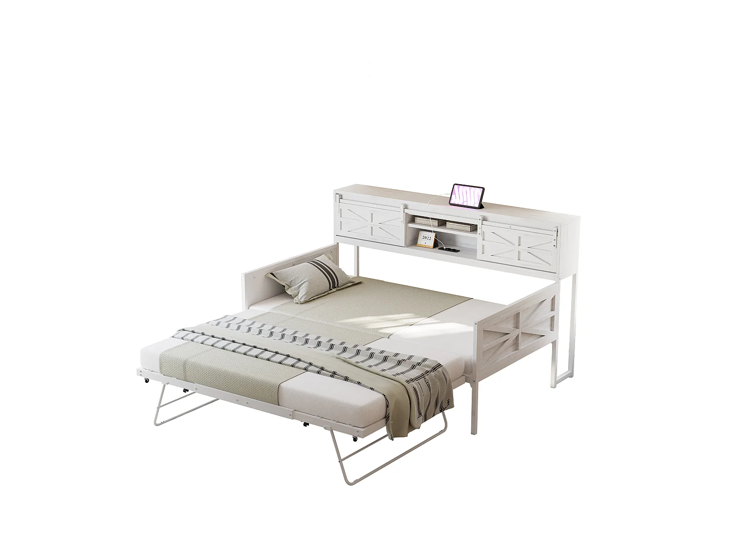 Divano letto in metallo 90x200 cm con LED, ripiani, cassetti e prese multiple, letto per ragazzi, bianco (206x104x99,5 cm)