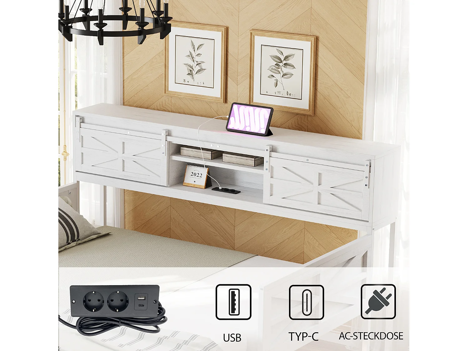 Lit canapé en métal 90x200 cm avec LED, étagères, tiroirs et prises multiples, lit pour adolescent, blanc (206x104x99.5 cm)