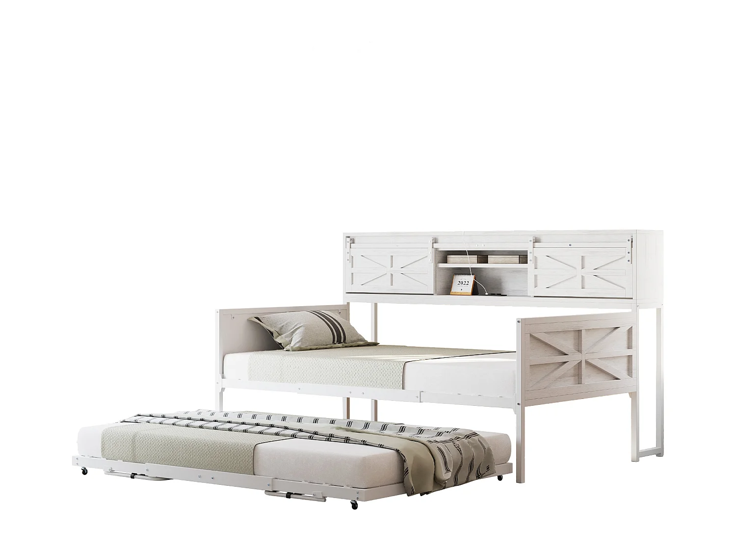 Lit canapé en métal 90x200 cm avec LED, étagères, tiroirs et prises multiples, lit pour adolescent, blanc (206x104x99.5 cm)