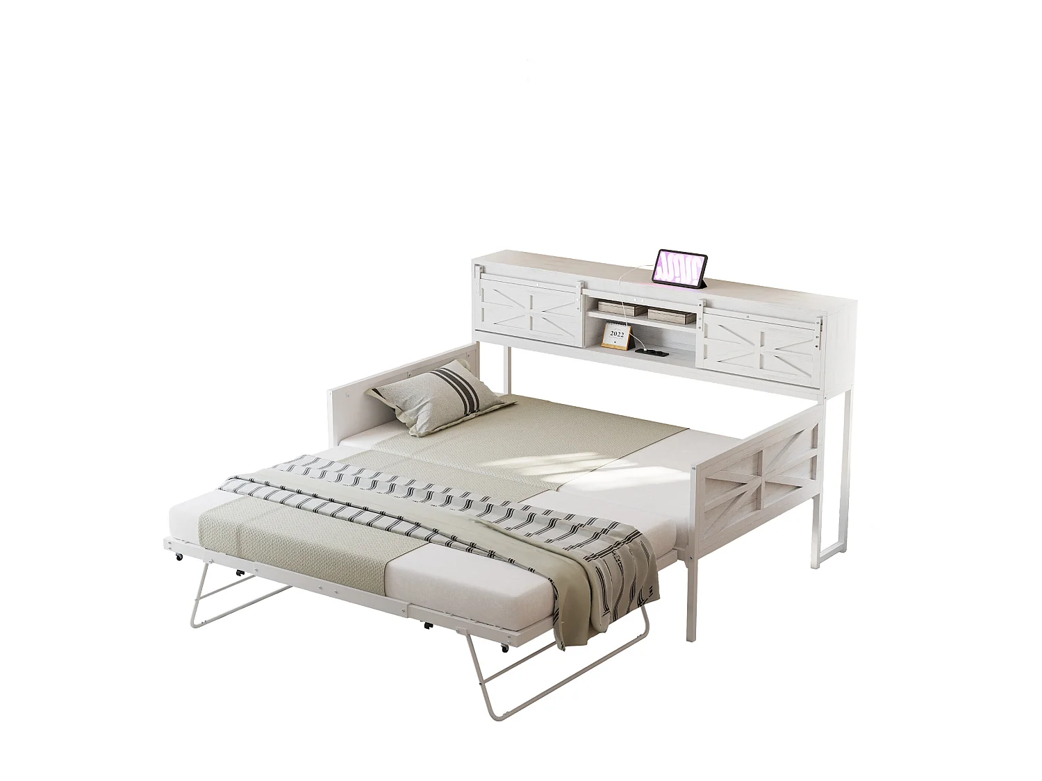 Lit canapé en métal 90x200 cm avec LED, étagères, tiroirs et prises multiples, lit pour adolescent, blanc (206x104x99.5 cm)