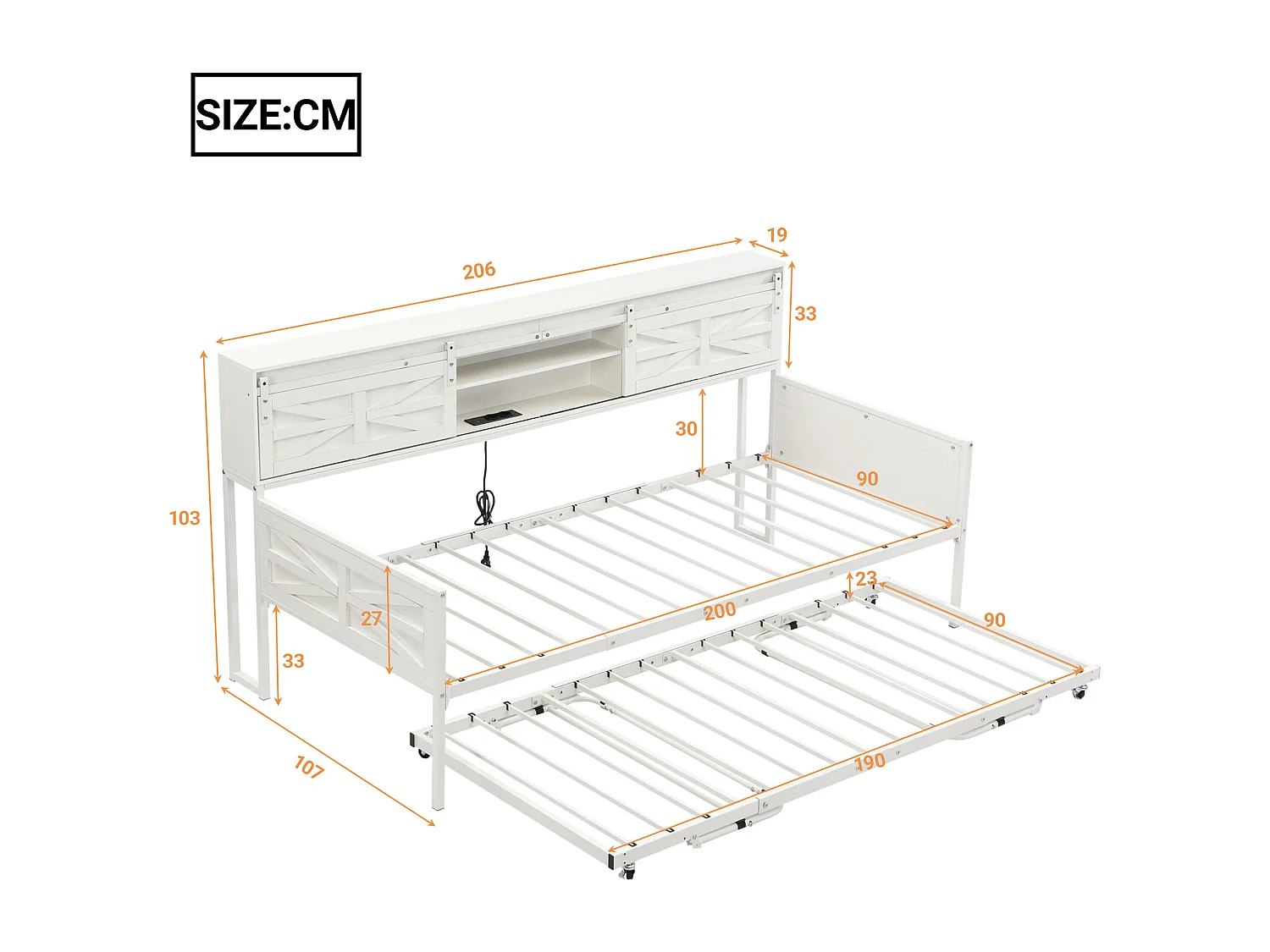Lit canapé en métal 90x200 cm avec LED, étagères, tiroirs et prises multiples, lit pour adolescent, blanc (206x104x99.5 cm)