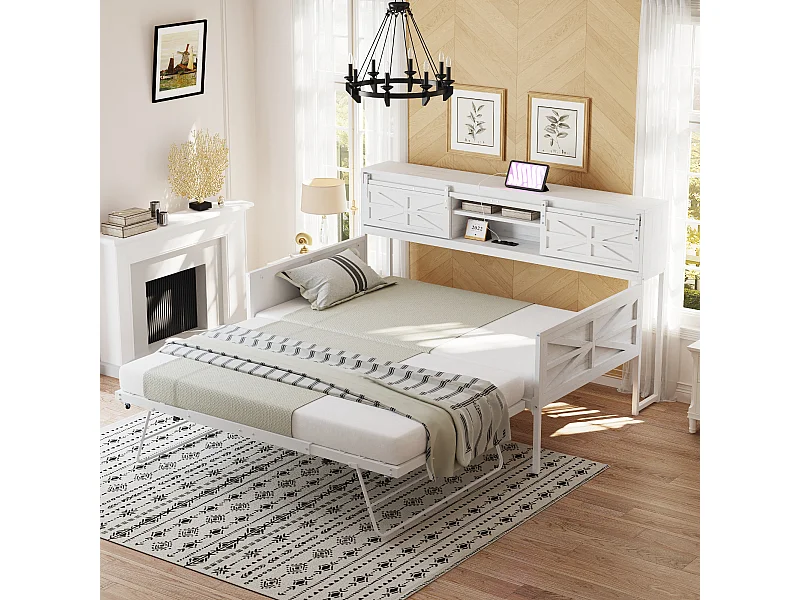 Divano letto in metallo 90x200 cm con LED, ripiani, cassetti e prese multiple, letto per ragazzi, bianco (206x104x99,5 cm)