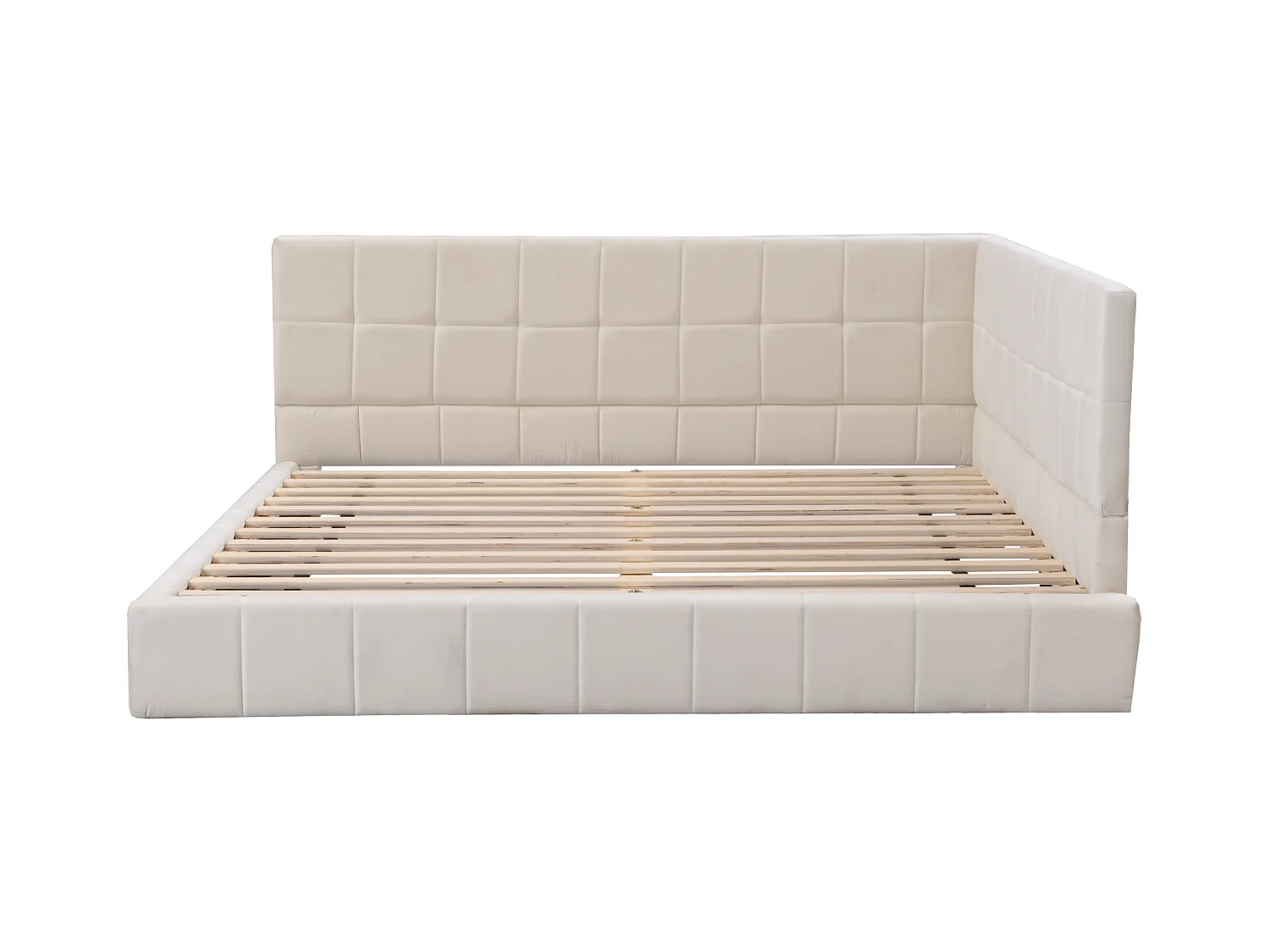 Lit tapissé multifonction 140x200cm avec sommier, velours beige, canapé convertible (206x148x62.5cm)