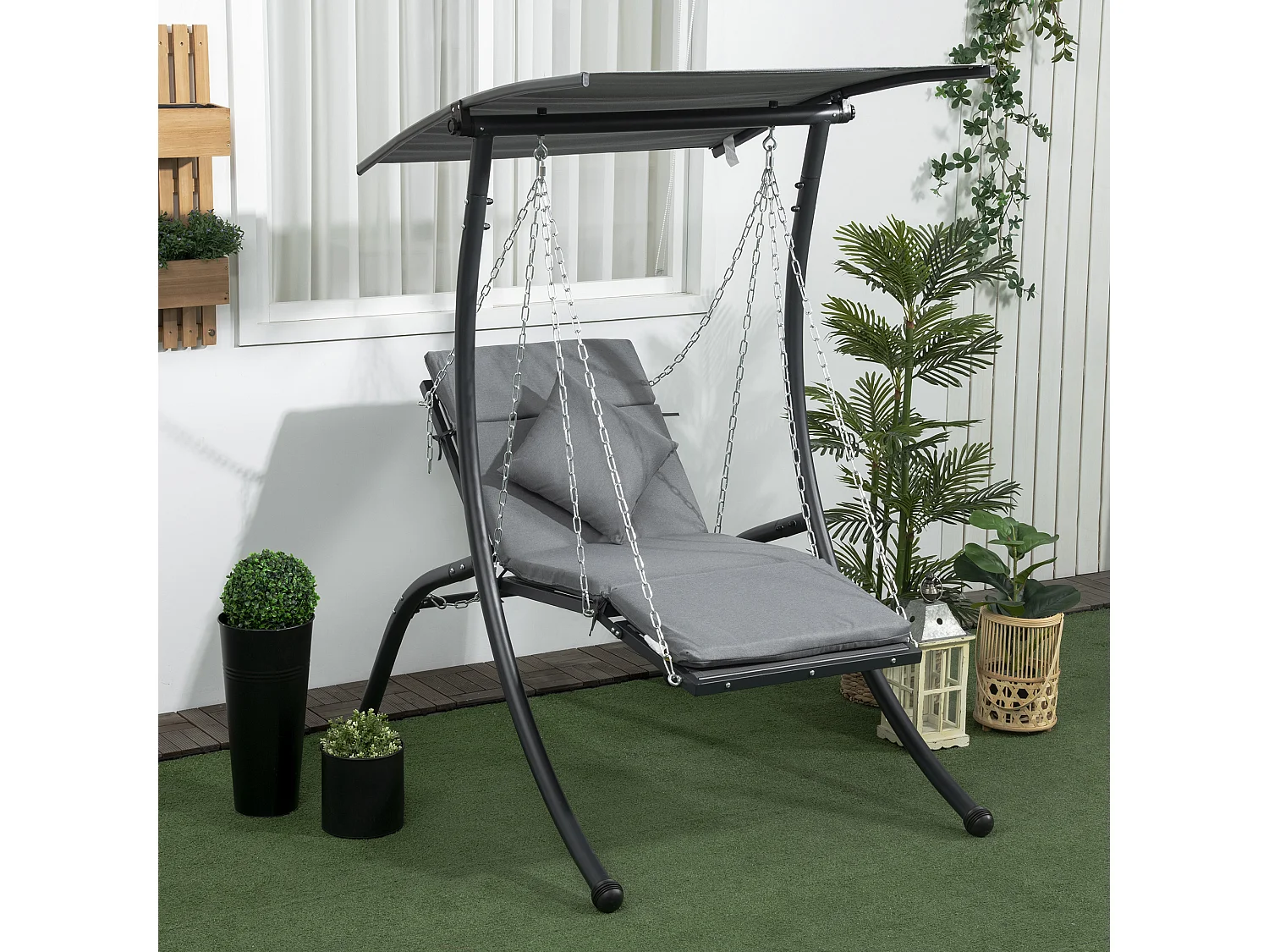 Tuinschommel met kussen en verstelbaar dak, staal, donkergrijs (108x145x169cm)
