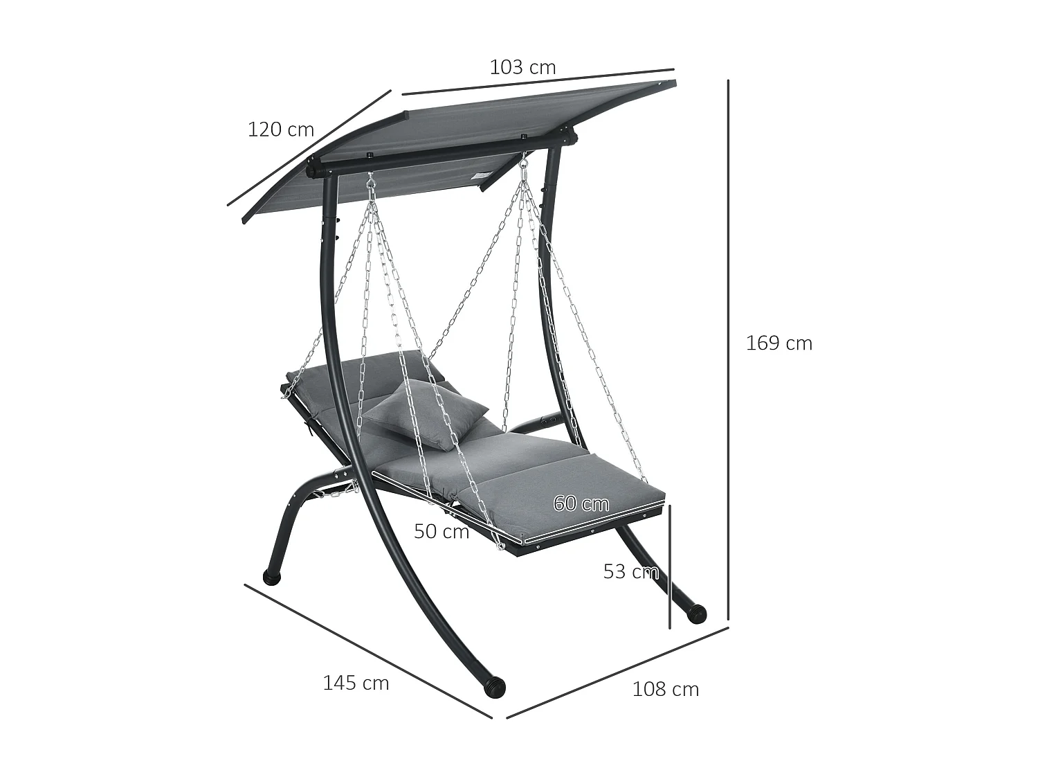 Tuinschommel met kussen en verstelbaar dak, staal, donkergrijs (108x145x169cm)