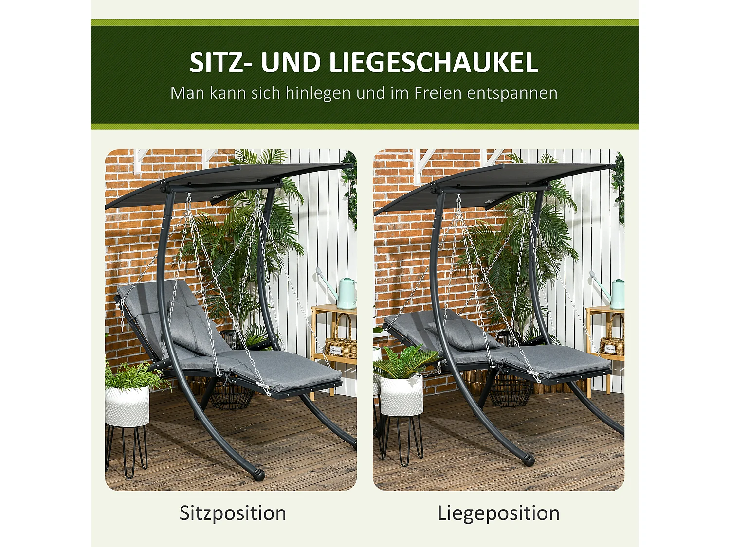 Tuinschommel met kussen en verstelbaar dak, staal, donkergrijs (108x145x169cm)