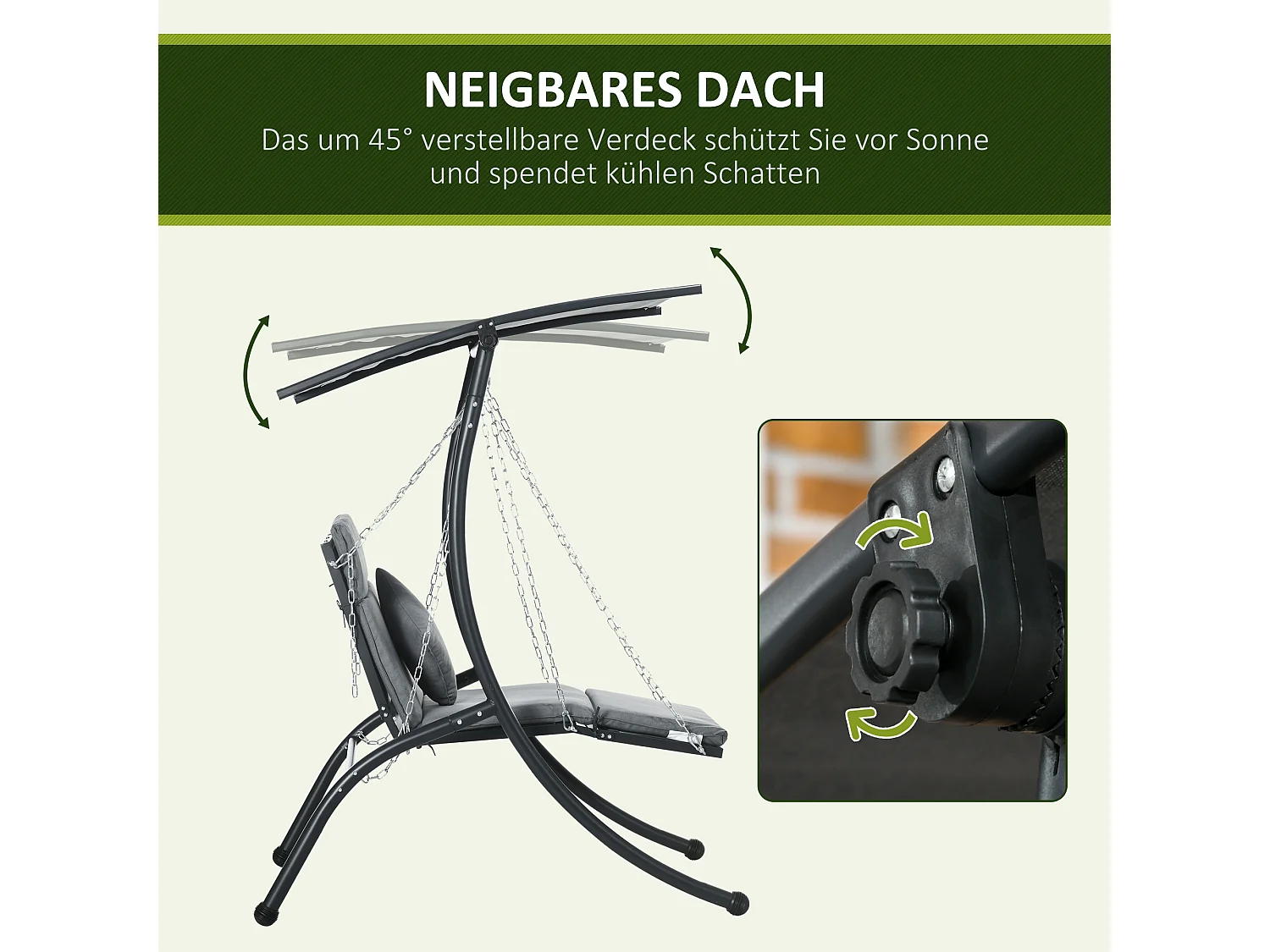 Tuinschommel met kussen en verstelbaar dak, staal, donkergrijs (108x145x169cm)