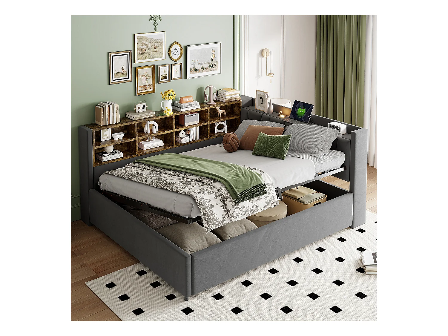 Canapé-lit rembourré - 140 x 200 cm - avec rangement hydraulique + veilleuse + étagères - velours - gris