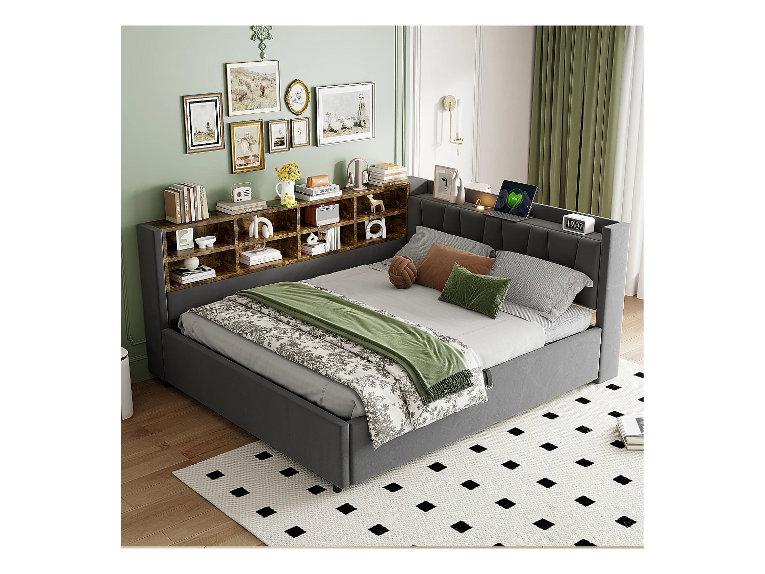 Canapé-lit rembourré - 140 x 200 cm - avec rangement hydraulique + veilleuse + étagères - velours - gris