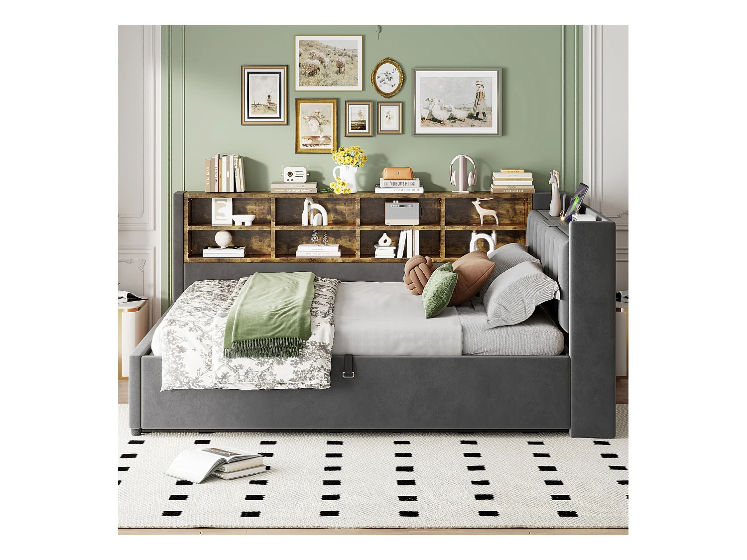 Canapé-lit rembourré - 140 x 200 cm - avec rangement hydraulique + veilleuse + étagères - velours - gris