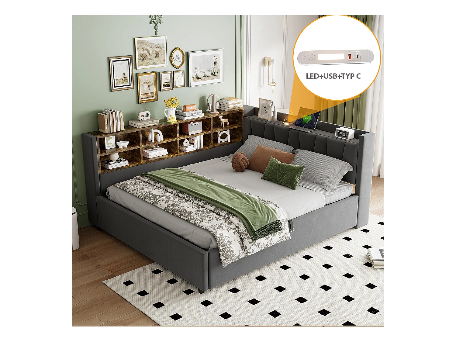 Canapé-lit rembourré - 140 x 200 cm - avec rangement hydraulique + veilleuse + étagères - velours - gris