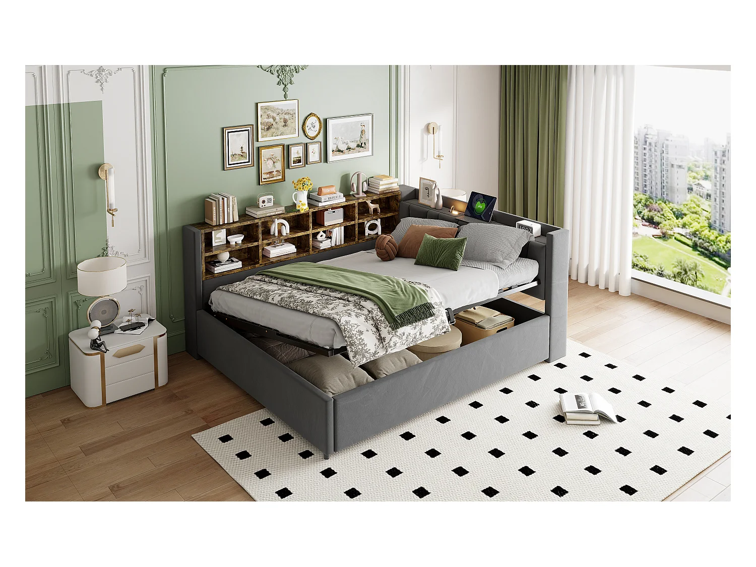 Canapé-lit rembourré - 140 x 200 cm - avec rangement hydraulique + veilleuse + étagères - velours - gris