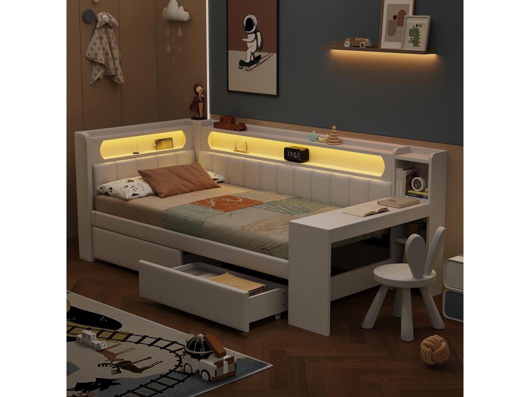 Dagbed 90x200 cm met USB-aansluitingen en LED, met opklapbed en bureau, wit (242,5x102,5x93,5 cm)