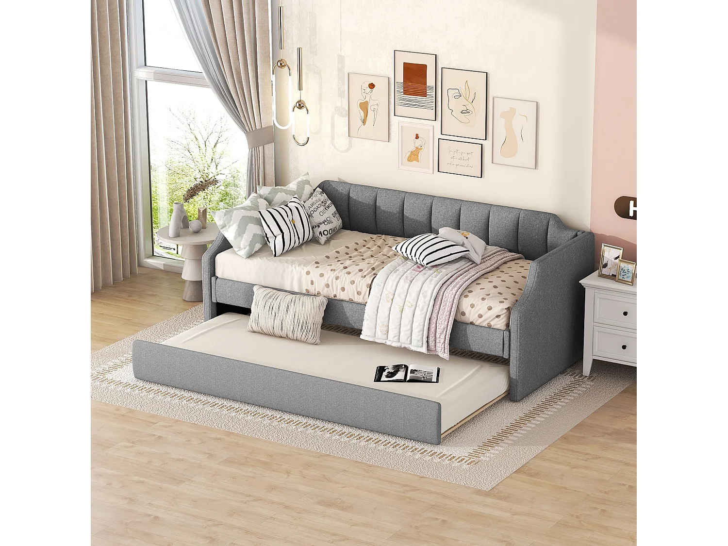 Cama de día 90x200 cm con cama rodante, en lino, gris, funcional y práctica (213x97x81 cm)