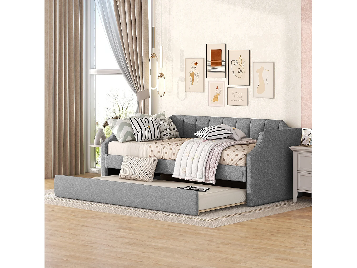 Cama de día 90x200 cm con cama rodante, en lino, gris, funcional y práctica (213x97x81 cm)