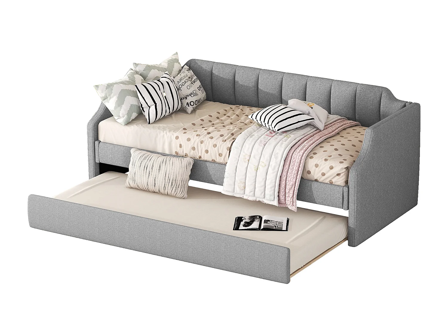 Cama de día 90x200 cm con cama rodante, en lino, gris, funcional y práctica (213x97x81 cm)