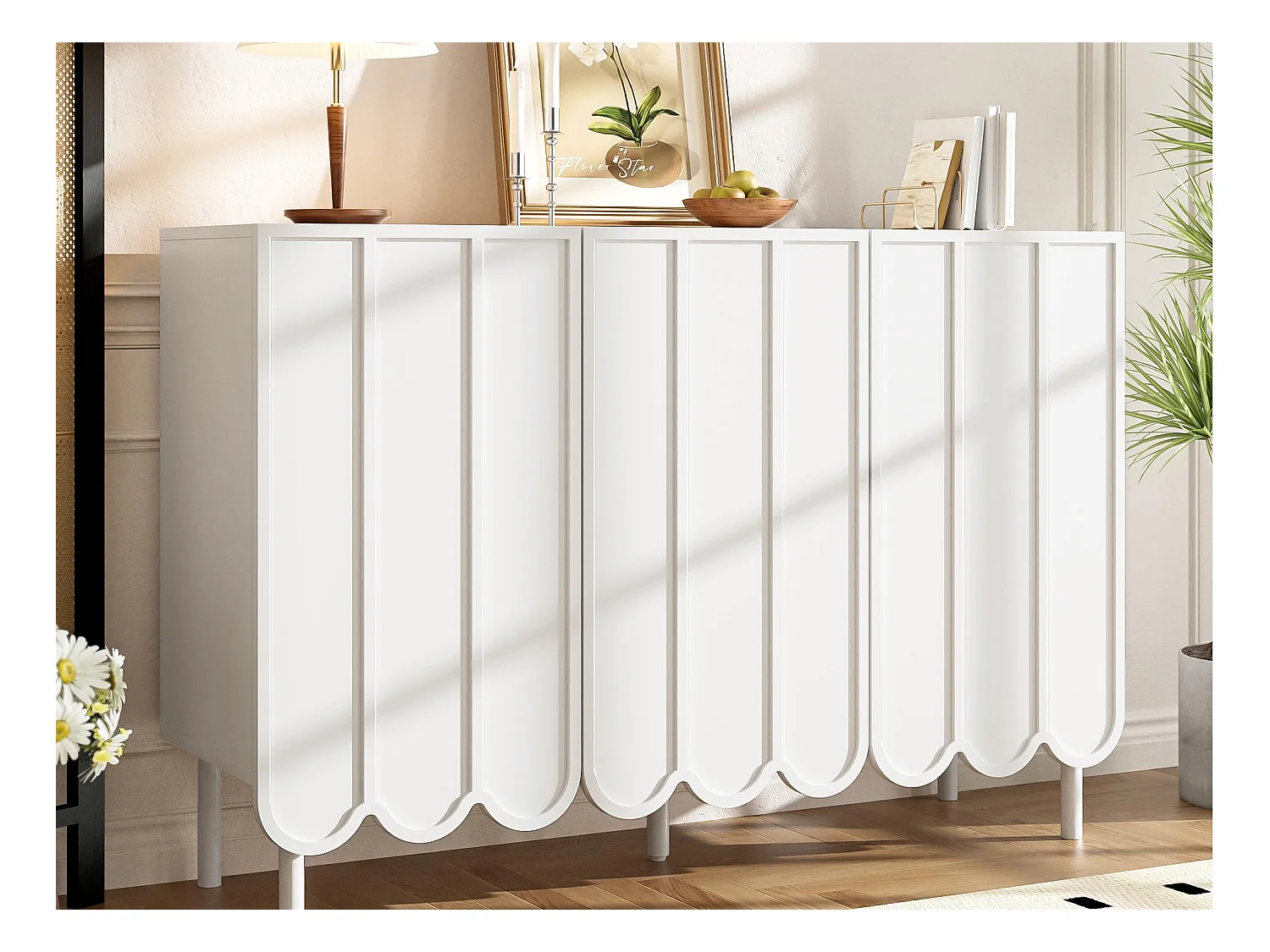 Buffet 120x35x80 cm - 3 portes ondulées - Sans poignées - Étagères réglables - Blanc