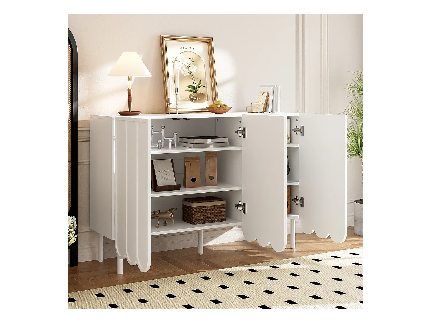 Buffet 120x35x80 cm - 3 portes ondulées - Sans poignées - Étagères réglables - Blanc