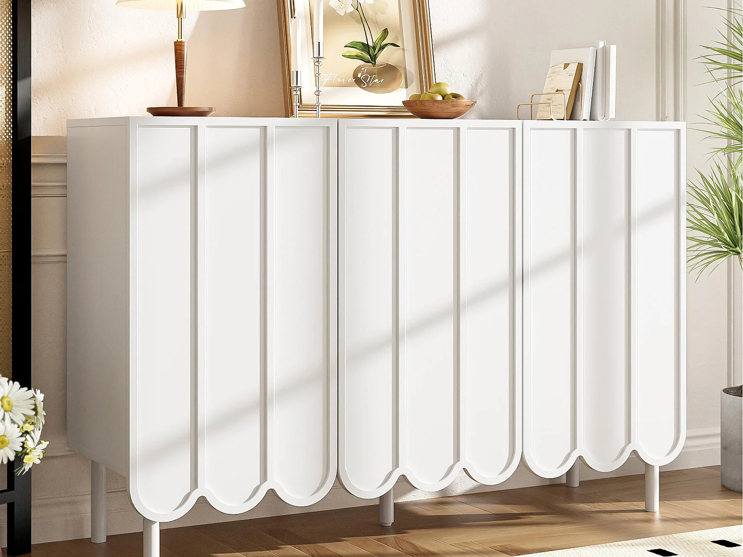 Sideboard 120×35×80 cm - mit 3 gewellten Türen - ohne Griffe - höhenverstellbare Regale - weiß