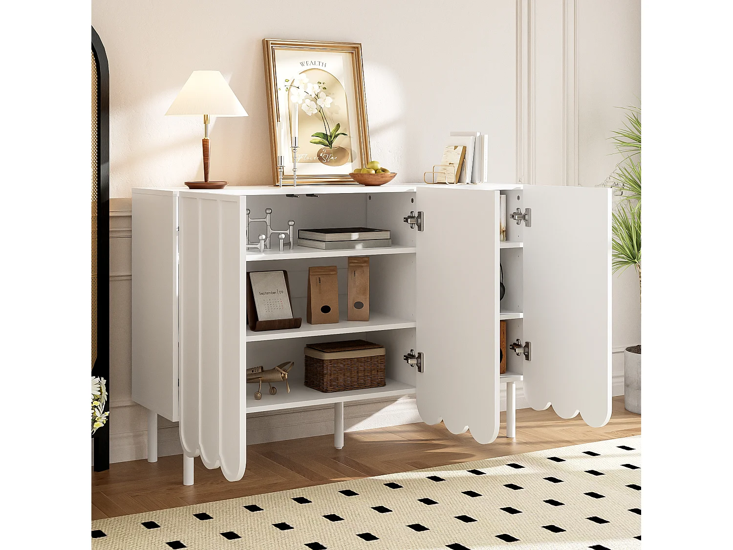 Sideboard 120×35×80 cm - mit 3 gewellten Türen - ohne Griffe - höhenverstellbare Regale - weiß