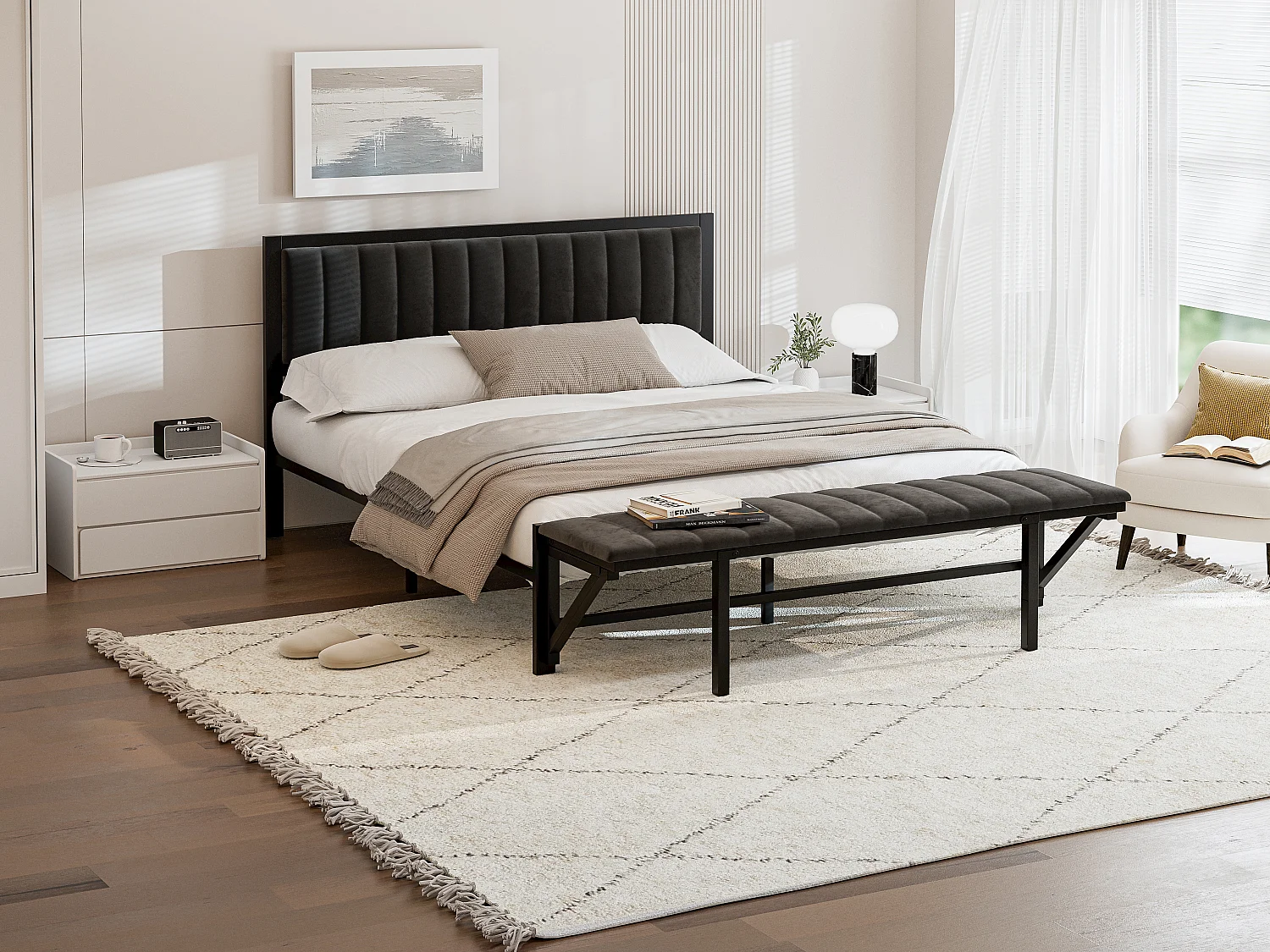 Łóżko z ławką składaną - 140 x 200 cm - rama łóżka z żelaza z pojemnikiem - aksamit - czarne