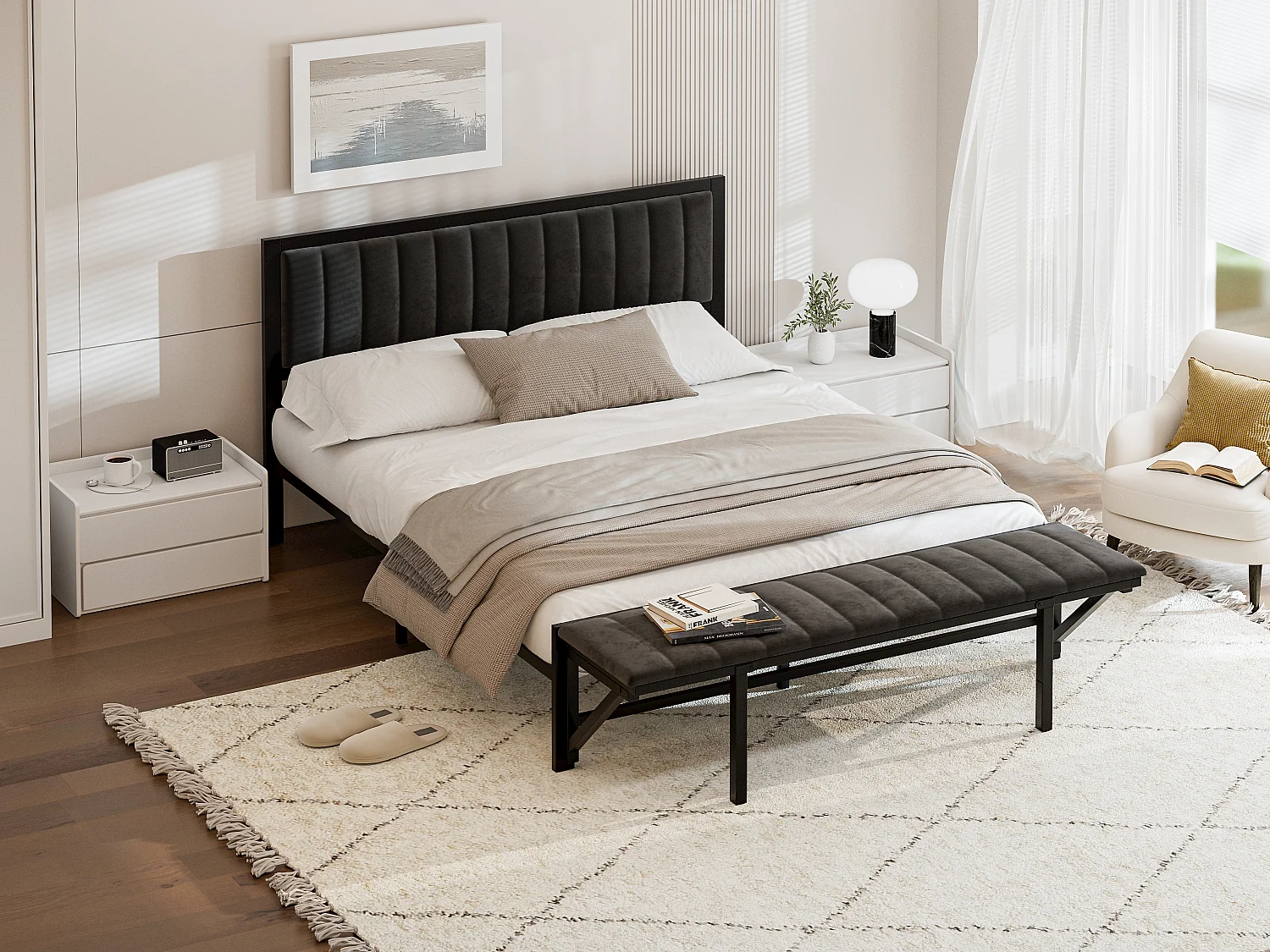 Łóżko z ławką składaną - 140 x 200 cm - rama łóżka z żelaza z pojemnikiem - aksamit - czarne