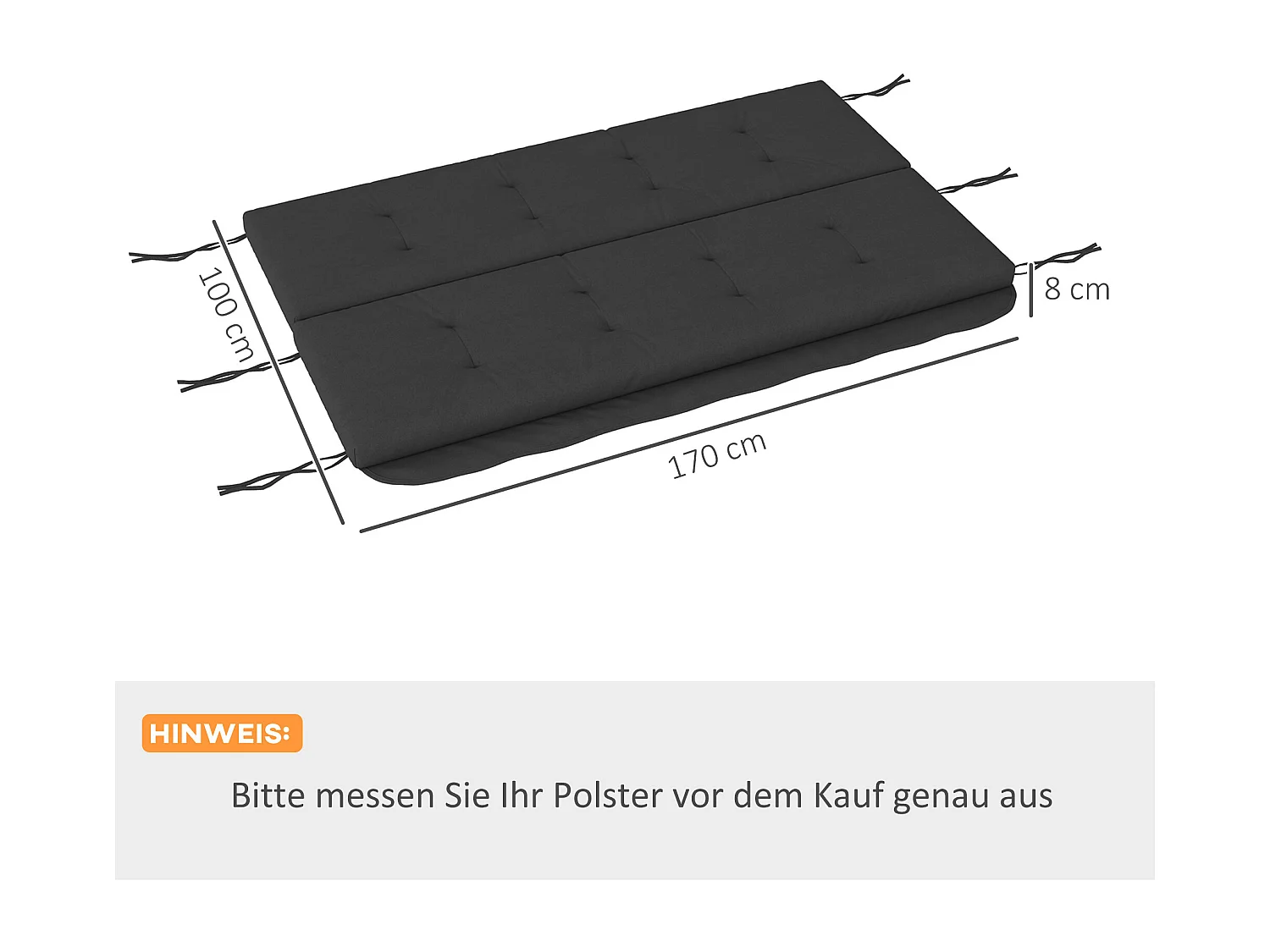 Coussin pour balançoire, 170 cm, polyester, gris, avec fixation (170x100x8 cm)